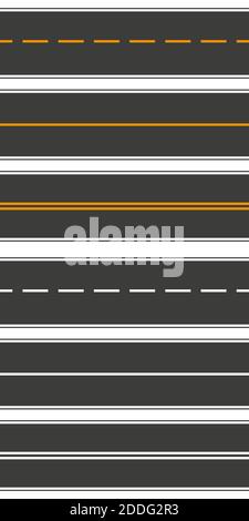 Set of seamless road dimensions on white isolated background. Top view. Set of fragments of a city road for transport illustration. Straight highway i Stock Vector