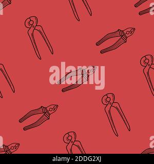 Seamless pattern with hand drawn working tools. Collection of hand tools. Handmade cartoon from various sketch elements: pliers, wire cutters, clamp. Stock Vector