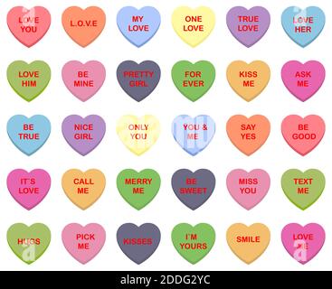 Sweet candy hearts. Mini-candies, talk about sweets for Valentine's Day, dishes from sugar hearts. set of different sweet heart candies isolated on wh Stock Vector