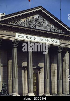 FACHADA NEOCLASICA DEL EDIFICIO DEL CONGRESO DE LOS DIPUTADOS - 1843 - PORTICO HEXASTILO. Author: NARCISO PASCUAL Y COLOMER. Location: CONGRESO DE LOS DIPUTADOS-EXTERIOR. MADRID. SPAIN. Stock Photo