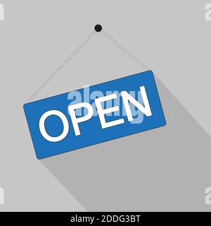 The label on the door is open . Graphic icon on the store door. Signboard for office, cafe, retail market. Information label or label for the supermar Stock Vector