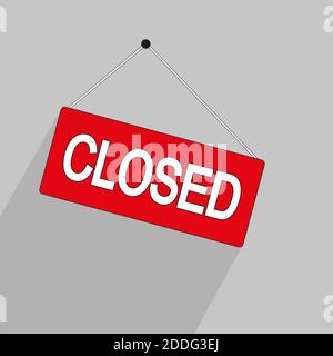 Closed. Door sign with a rope for a cafe-restaurant or shop. Online shopping, illustration design. Isolated on gray background, flat icon. Text label. Stock Vector