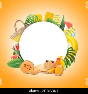Collage of beach accessories on color background with place for text Stock Photo
