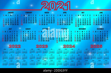 Calendar 2021, 2022, 2023, 2024, 2025. The week begins on Sunday. Simple calendar template. Portrait of vertical orientation. Annual organizer of stat Stock Vector