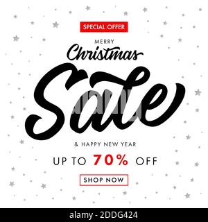Christmas Sale & Happy New Year calligraphy banner. Winter Sale with text special offer, up to 70% off, silver stars on white background. Luxury Stock Vector