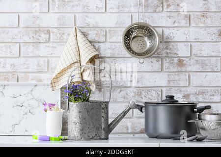 Different gardening tools in kitchen Stock Photo