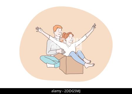 Love, couple in relationship, togetherness concept. Happy young loving couple cartoon characters having fun during relocating to new apartment togethe Stock Vector