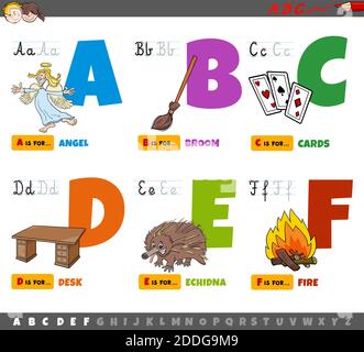 Cartoon illustration of capital letters from alphabet educational set for reading and writing practice for children from A to F Stock Vector