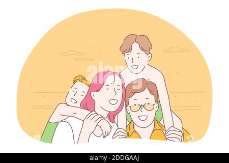 Happy family, parenthood, children concept. Young smiling parents and children family walking outdoors, hugging, feeling cheerful and having fun toget Stock Vector