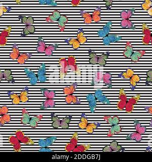 Seamless vector pattern with colorful butterflies on stripe background Stock Vector