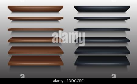 3d realistic vector wooden shelf in brown and black color in perspective. Stock Vector