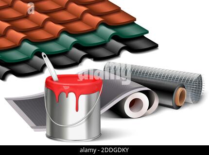 3d realistic vector icon illustration of construction works elements, bucket of red paint, wallpaper rolls and tiled roof sample pieces in different c Stock Vector