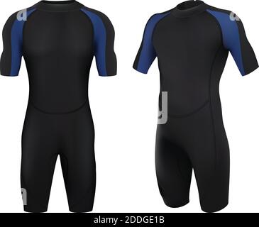 3d realistic vector dive costume in black and blue. Swim suit for man. Isolated of white background. Stock Vector
