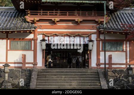 The entrance to Tamukeyama Hachimangu Shrine, a Shinto shrine in the grounds of Todai-ji Temple in Nara, Japan Stock Photo