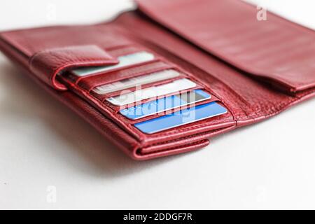 Credit and debit cards in a wallet Stock Photo