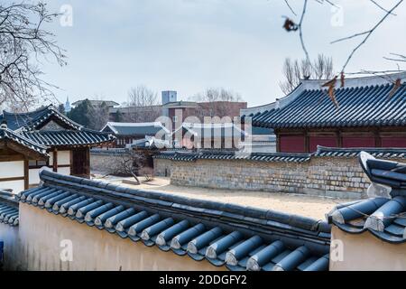 Wooden house with black tiles of Hwaseong Haenggung Palace loocated in Suwon South Korea, the largest one of where the king and royal family retreated Stock Photo