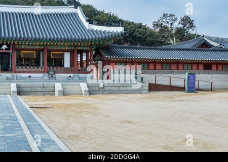 Wooden house with black tiles of Hwaseong Haenggung Palace loocated in Suwon South Korea, the largest one of where the king and royal family retreated Stock Photo