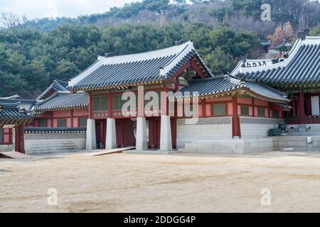 Wooden house with black tiles of Hwaseong Haenggung Palace loocated in Suwon South Korea, the largest one of where the king and royal family retreated Stock Photo