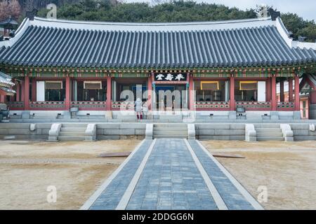 Wooden house with black tiles of Hwaseong Haenggung Palace loocated in Suwon South Korea, the largest one of where the king and royal family retreated Stock Photo