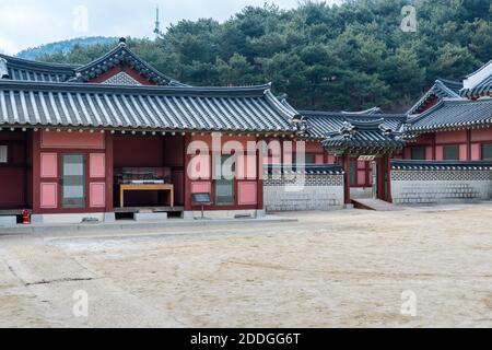 Wooden house with black tiles of Hwaseong Haenggung Palace loocated in Suwon South Korea, the largest one of where the king and royal family retreated Stock Photo