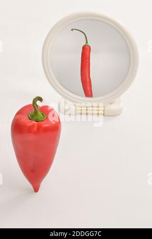Imagination Concept Bell Pepper Reflection In Mirror on White Background Stock Photo