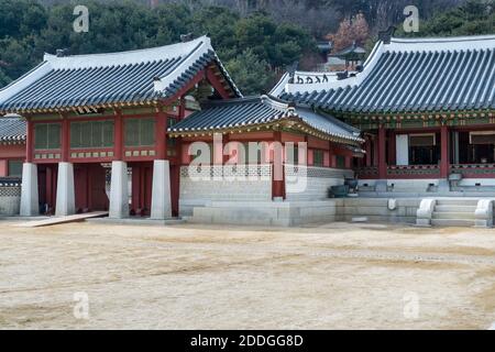 Wooden house with black tiles of Hwaseong Haenggung Palace loocated in Suwon South Korea, the largest one of where the king and royal family retreated Stock Photo