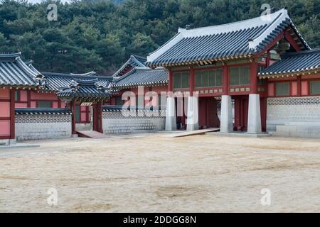 Wooden house with black tiles of Hwaseong Haenggung Palace loocated in Suwon South Korea, the largest one of where the king and royal family retreated Stock Photo