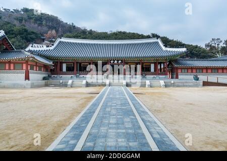 Wooden house with black tiles of Hwaseong Haenggung Palace loocated in Suwon South Korea, the largest one of where the king and royal family retreated Stock Photo