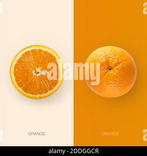 One fresh orange fruit and its half cut isolated on contrast backgrounds Stock Photo