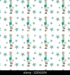 Christmas pattern seamless made with Santa Claus with gift boxes and star around on white background Stock Photo