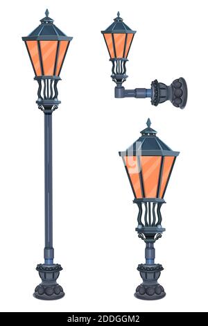 Street lamps set isolated. Collection of city victorian light. Road old ancient lantern.Retro vintage lamp post with electricity lantern.Stock vector Stock Vector