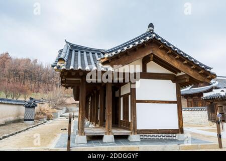 Wooden house with black tiles of Hwaseong Haenggung Palace loocated in Suwon South Korea, the largest one of where the king and royal family retreated Stock Photo