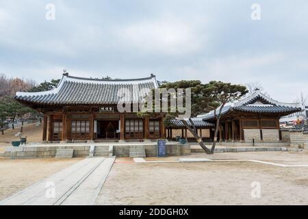 Wooden house with black tiles of Hwaseong Haenggung Palace loocated in Suwon South Korea, the largest one of where the king and royal family retreated Stock Photo