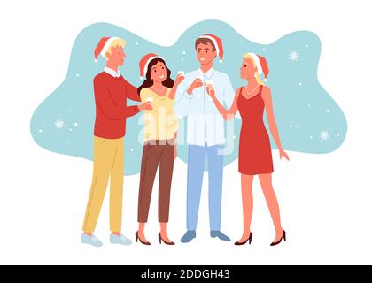 Vector illustration of friends celebrating New year together, young girls and guys having fun together, christmas party, drink champagne in Christmas Stock Vector