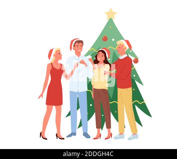 Young men and women having fun together, Christmas party, drink champagne in Christmas hats near Christmas tree. Friends at New year party. Stock Vector