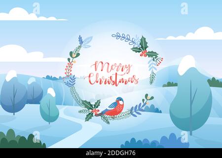 Vector illustration of winter landscape with Christmas greetings. Flat cartoon style. Merry Christmas and Happy New Year. Stock Vector