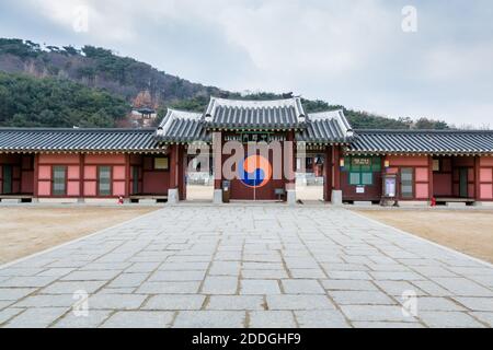 Wooden house with black tiles of Hwaseong Haenggung Palace loocated in Suwon South Korea, the largest one of where the king and royal family retreated Stock Photo