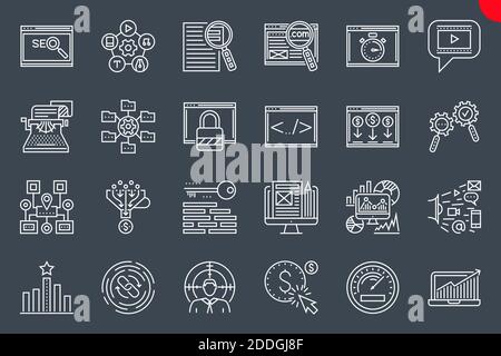 Seo Thin Line Related Icons Set on Black Background. Stock Vector