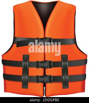 3d realistic vector orange life vest with black buckles. Isolated illustration icon on white background. Stock Vector