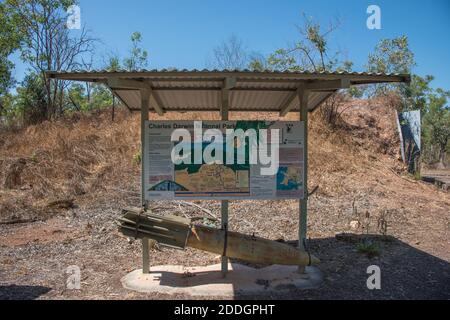 Darwin, NT, Australia-August 15,2018: Sign in front of ammunitions bunker with old inert weapon at Charles Darwin National Park in the NT of Australia Stock Photo