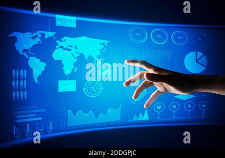 Male Hand Reaching Virtual Screen With Digital Global Business Economic Data Graphs Stock Photo