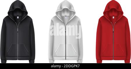 Collection of realistic vector black, white and red sport hoodies. Vector illustration on white background. Stock Vector