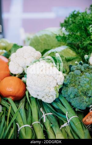 Heap of various fresh natural organic vegetables and green herbs placed on seasonal market stall Stock Photo