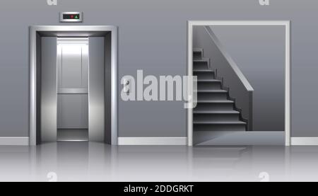 3d realistic vector office building elevator with half closed doors and stairs. Stock Vector