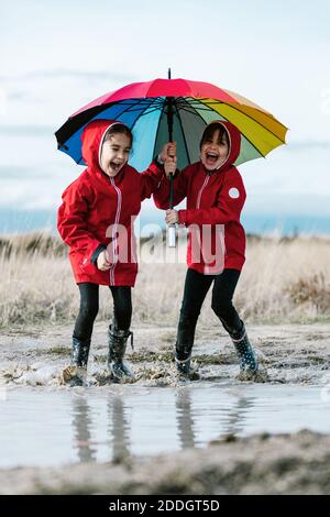 Excited sisters with colorful umbrella and in rubber boots playing in puddle while splashing water and having fun Stock Photo