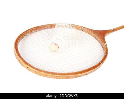 A badminton racquet and a shuttlecock with a plastic skirt Stock Photo