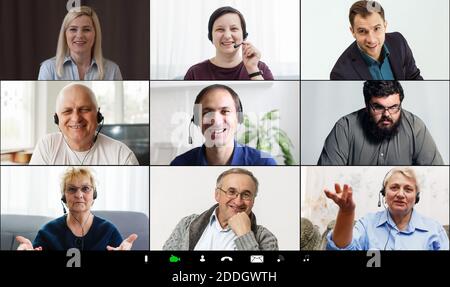 Webcam laptop screen view many faces of diverse people involved in group videoconference on-line meeting lead, team using video call app work solve Stock Photo