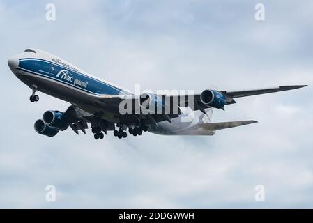 A Boeing 747-8 cargo aircraft of the Russian cargo airliner AirBridgeCargo. Stock Photo