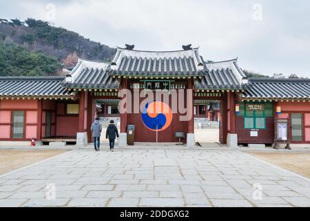 Wooden house with black tiles of Hwaseong Haenggung Palace loocated in Suwon South Korea, the largest one of where the king and royal family retreated Stock Photo