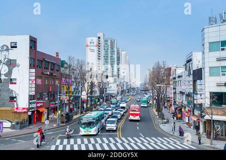 Street view of City of Suwon from Janganmun Gate of Hwaseong Fortress of South Korea. Stock Photo